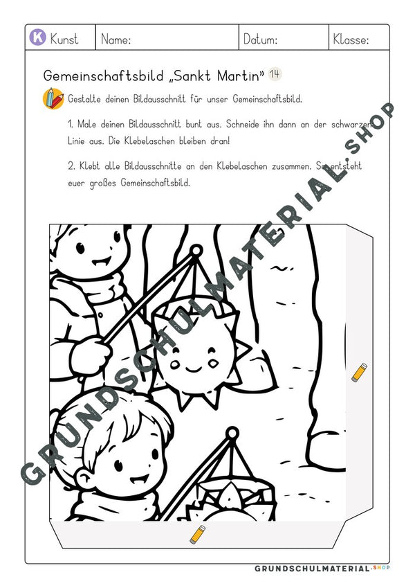 Gemeinschaftsbild Sankt Martin: Arbeitsblatt Bildausschnitt 14 zum Ausmalen