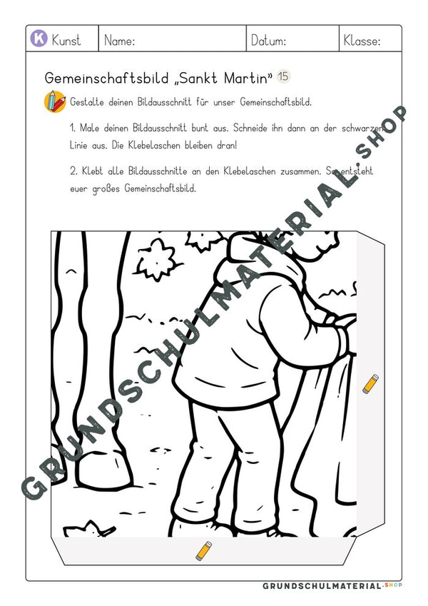 Gemeinschaftsbild Sankt Martin: Arbeitsblatt Bildausschnitt 15 zum Ausmalen