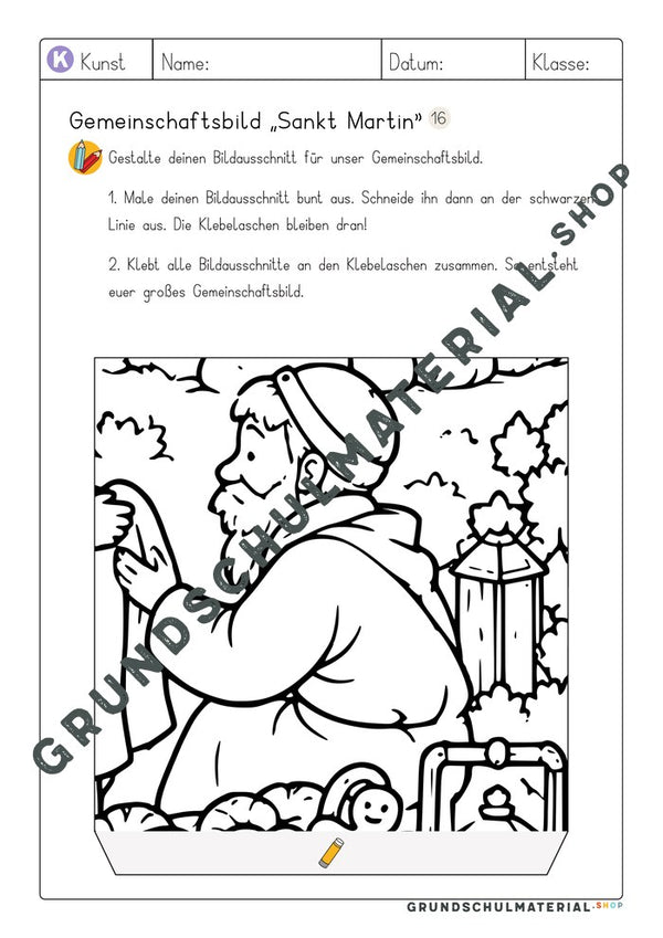 Gemeinschaftsbild Sankt Martin: Arbeitsblatt Bildausschnitt 16 zum Ausmalen