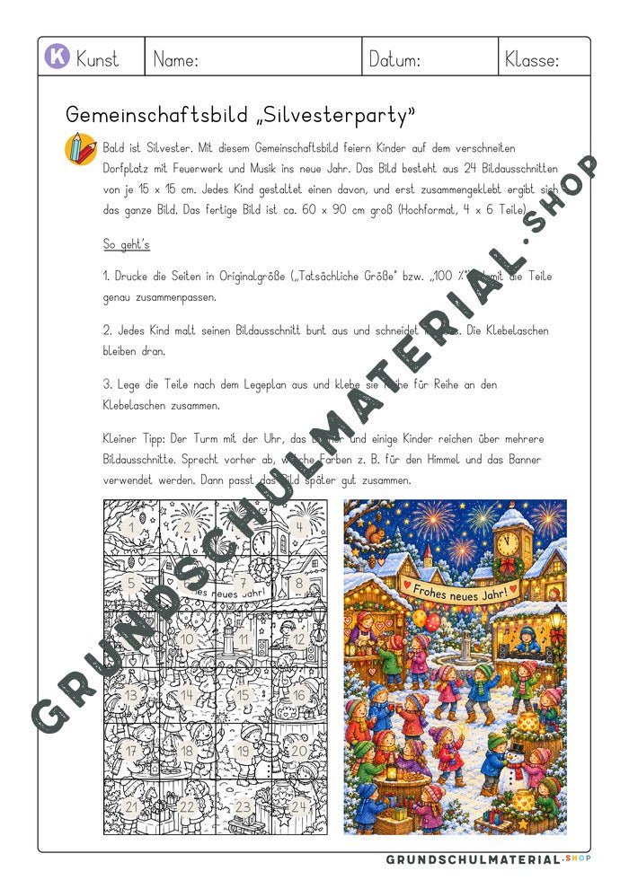Hinweise für Lehrkräfte mit Legeplan und bunter Vorschau des Silvester-Gemeinschaftsbilds