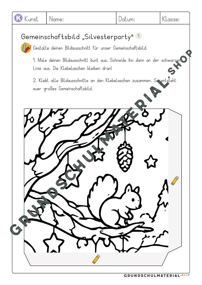 Gemeinschaftsbild Silvesterparty: Arbeitsblatt Bildausschnitt 1 zum Ausmalen