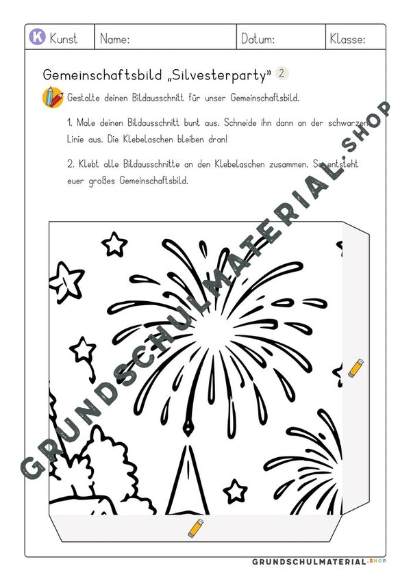 Gemeinschaftsbild Silvesterparty: Arbeitsblatt Bildausschnitt 2 zum Ausmalen