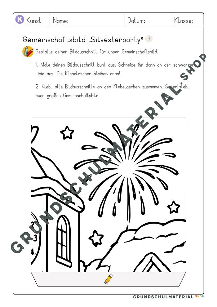 Gemeinschaftsbild Silvesterparty: Arbeitsblatt Bildausschnitt 4 zum Ausmalen