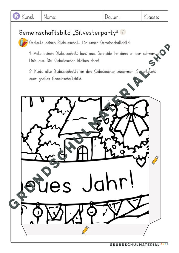 Gemeinschaftsbild Silvesterparty: Arbeitsblatt Bildausschnitt 7 zum Ausmalen
