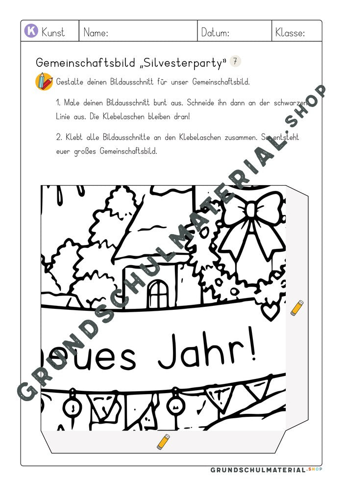 Gemeinschaftsbild Silvesterparty: Arbeitsblatt Bildausschnitt 7 zum Ausmalen