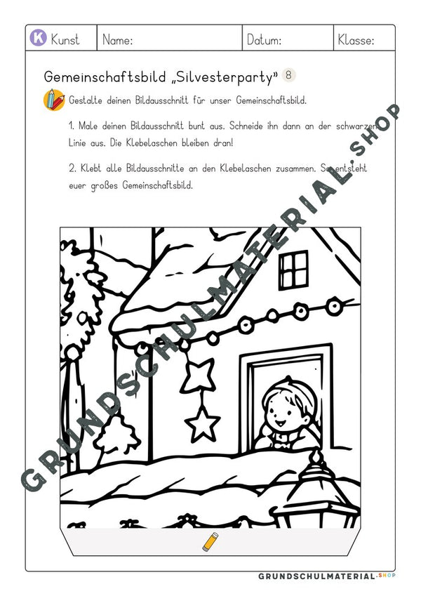 Gemeinschaftsbild Silvesterparty: Arbeitsblatt Bildausschnitt 8 zum Ausmalen