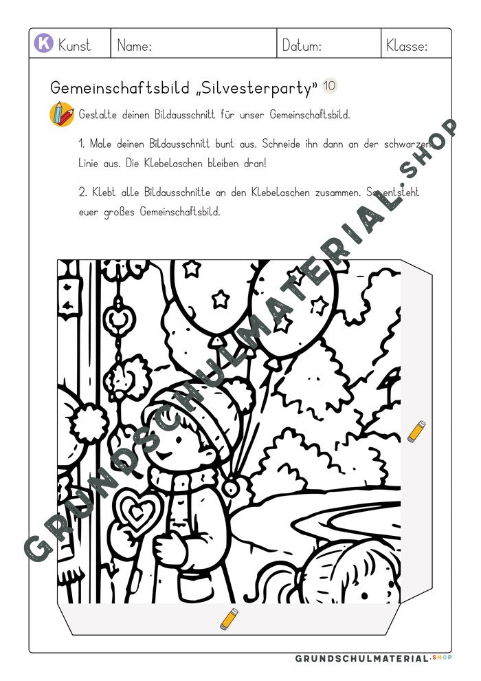 Gemeinschaftsbild Silvesterparty: Arbeitsblatt Bildausschnitt 10 zum Ausmalen