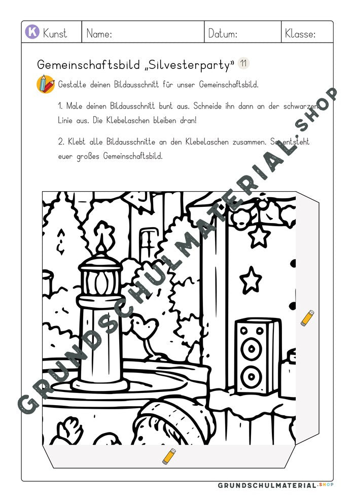 Gemeinschaftsbild Silvesterparty: Arbeitsblatt Bildausschnitt 11 zum Ausmalen