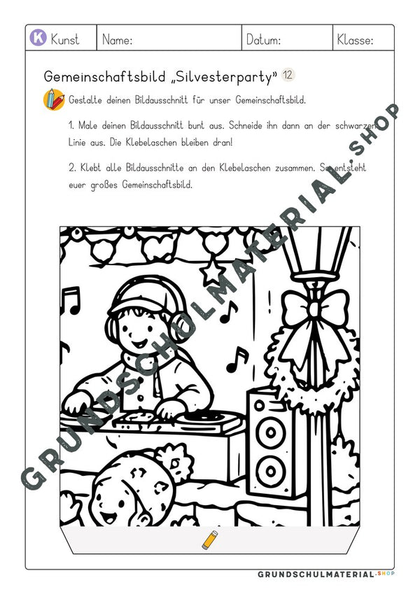 Gemeinschaftsbild Silvesterparty: Arbeitsblatt Bildausschnitt 12 zum Ausmalen