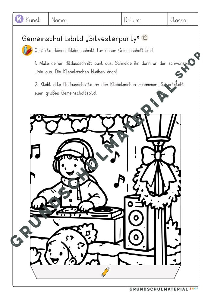 Gemeinschaftsbild Silvesterparty: Arbeitsblatt Bildausschnitt 12 zum Ausmalen