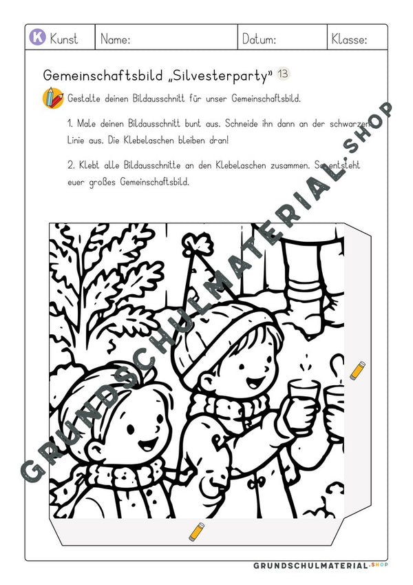 Gemeinschaftsbild Silvesterparty: Arbeitsblatt Bildausschnitt 13 zum Ausmalen