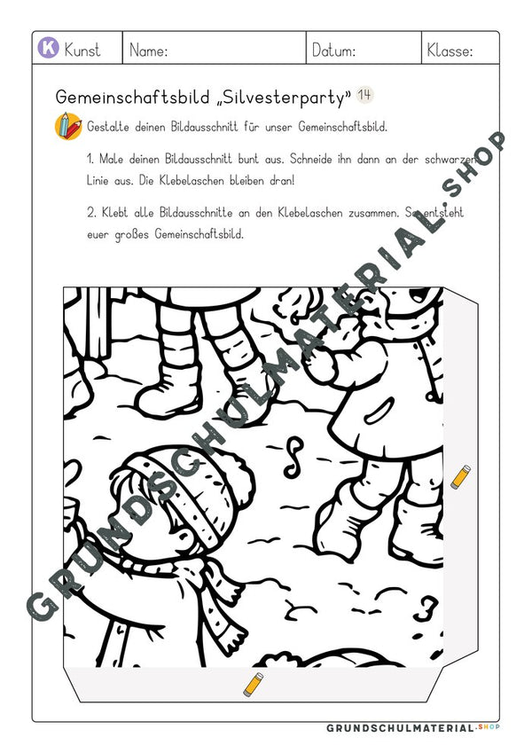 Gemeinschaftsbild Silvesterparty: Arbeitsblatt Bildausschnitt 14 zum Ausmalen