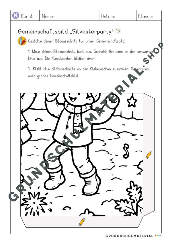 Gemeinschaftsbild Silvesterparty: Arbeitsblatt Bildausschnitt 15 zum Ausmalen