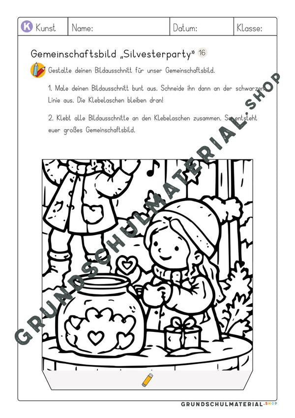 Gemeinschaftsbild Silvesterparty: Arbeitsblatt Bildausschnitt 16 zum Ausmalen