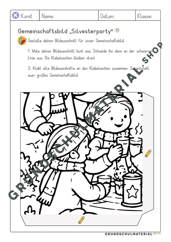 Gemeinschaftsbild Silvesterparty: Arbeitsblatt Bildausschnitt 17 zum Ausmalen