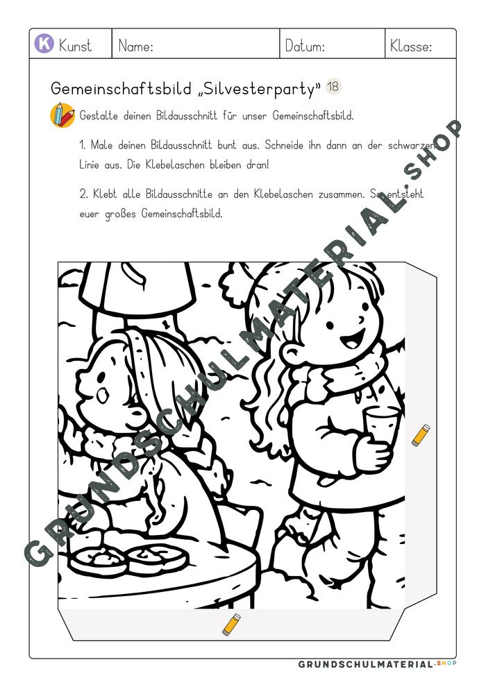Gemeinschaftsbild Silvesterparty: Arbeitsblatt Bildausschnitt 18 zum Ausmalen