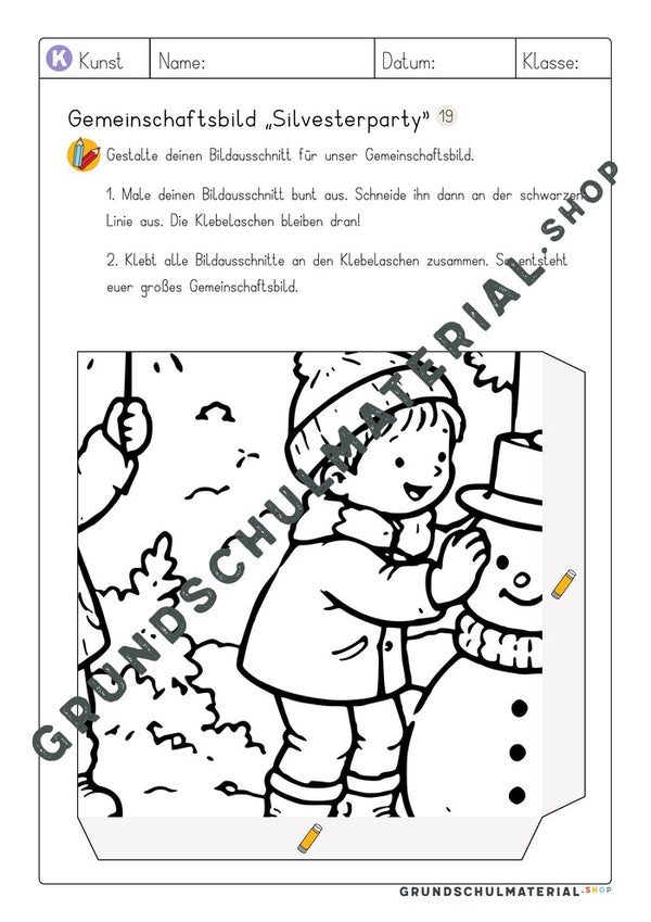 Gemeinschaftsbild Silvesterparty: Arbeitsblatt Bildausschnitt 19 zum Ausmalen