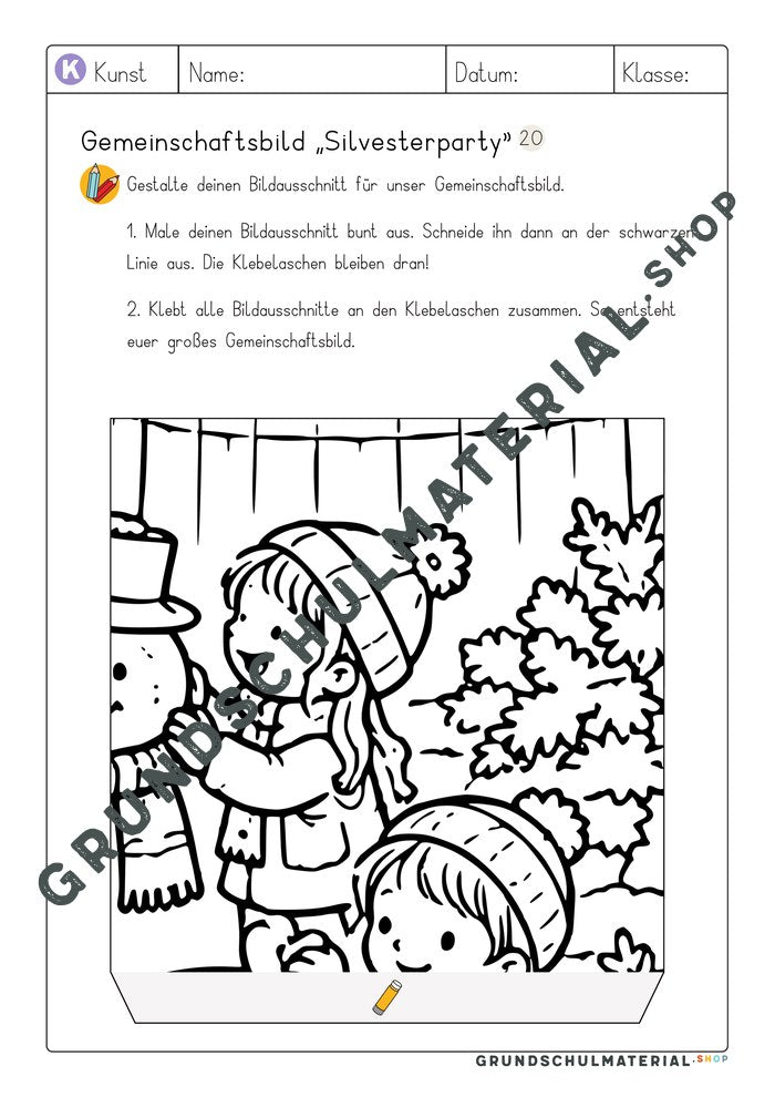 Gemeinschaftsbild Silvesterparty: Arbeitsblatt Bildausschnitt 20 zum Ausmalen