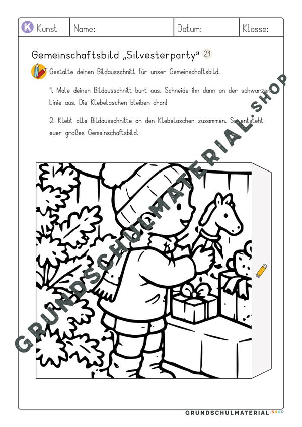 Gemeinschaftsbild Silvesterparty: Arbeitsblatt Bildausschnitt 21 zum Ausmalen