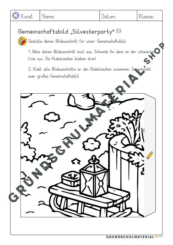 Gemeinschaftsbild Silvesterparty: Arbeitsblatt Bildausschnitt 23 zum Ausmalen