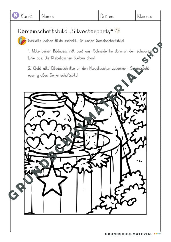 Gemeinschaftsbild Silvesterparty: Arbeitsblatt Bildausschnitt 24 zum Ausmalen