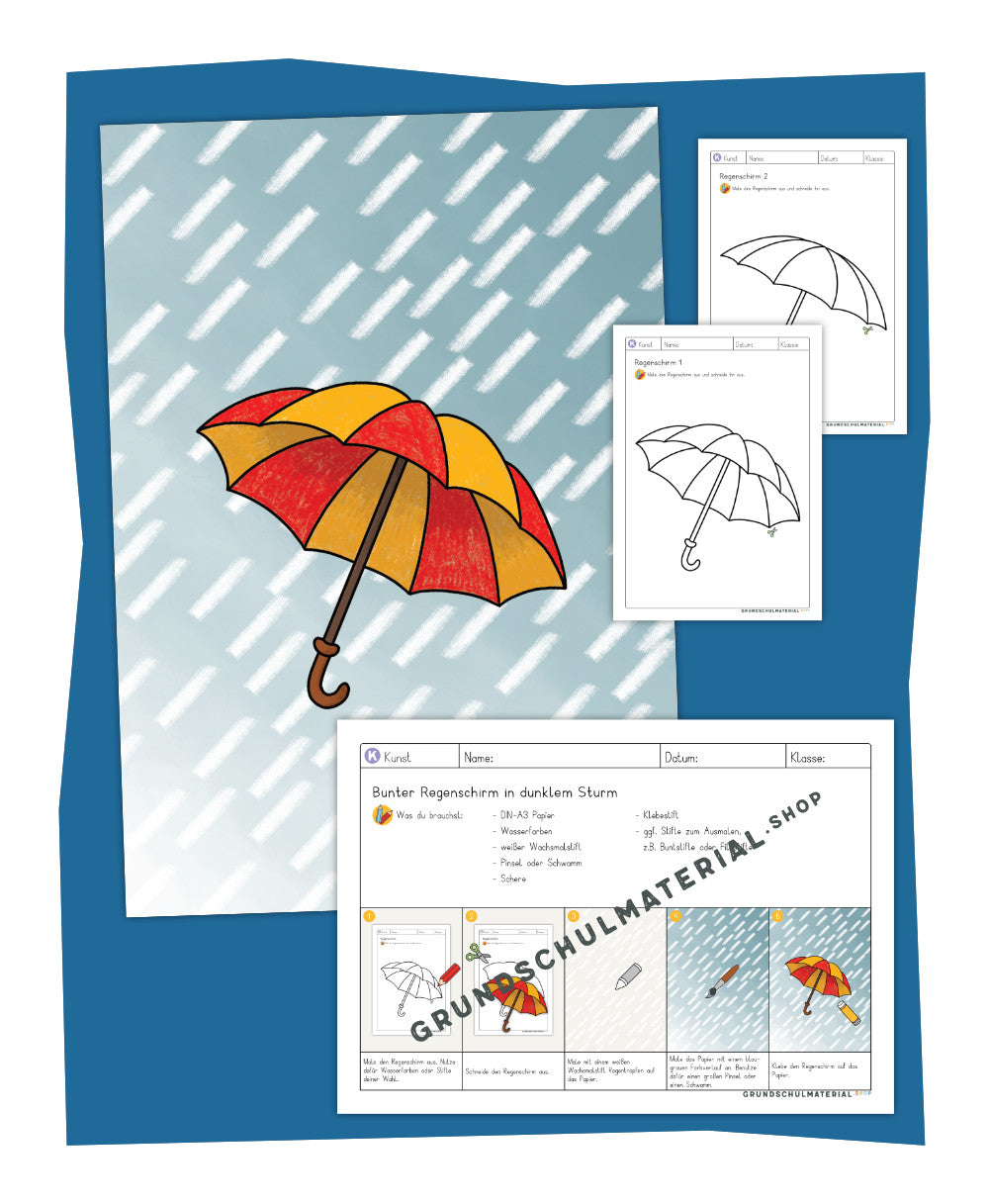 Bunter Regenschirm im dunklen Sturm - Herbstbild Wasserfarben Grundschule