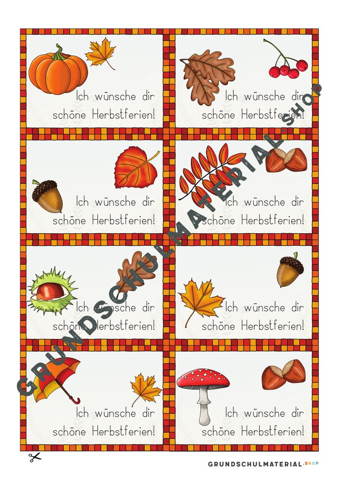 Vorschau der Herbstferien-Kärtchen mit Kürbis, Kastanie, Blättern und Fliegenpilz