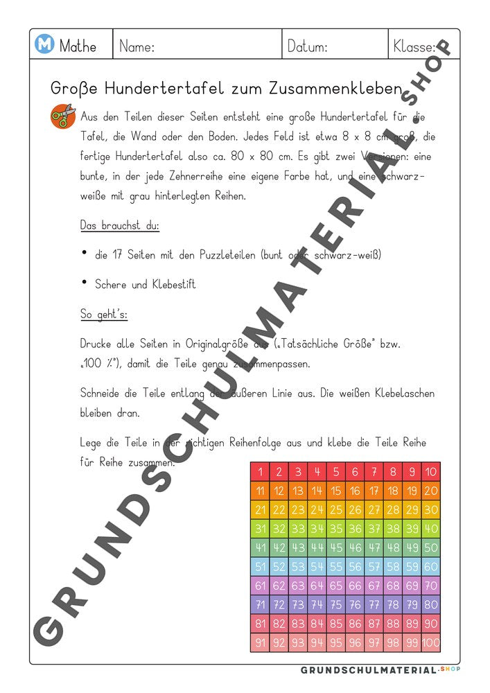 Anleitung zum Zusammenkleben der großen Hundertertafel
