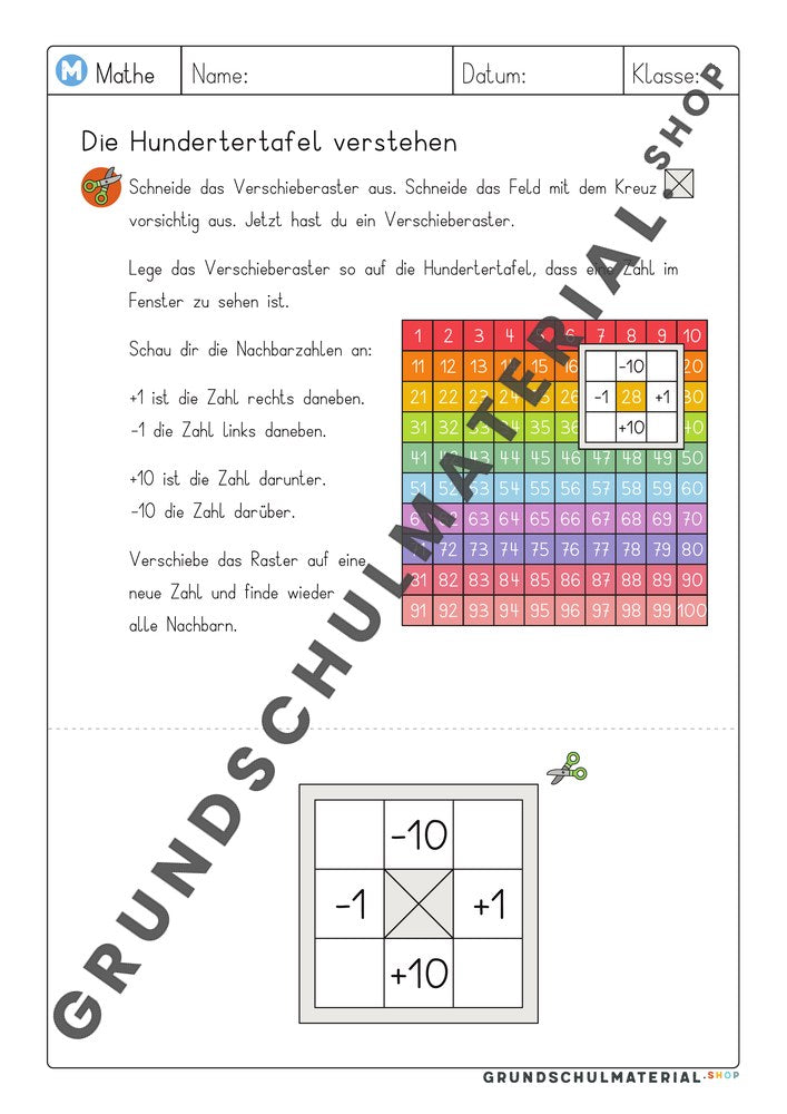 Arbeitsblatt Die Hundertertafel verstehen mit Verschieberaster