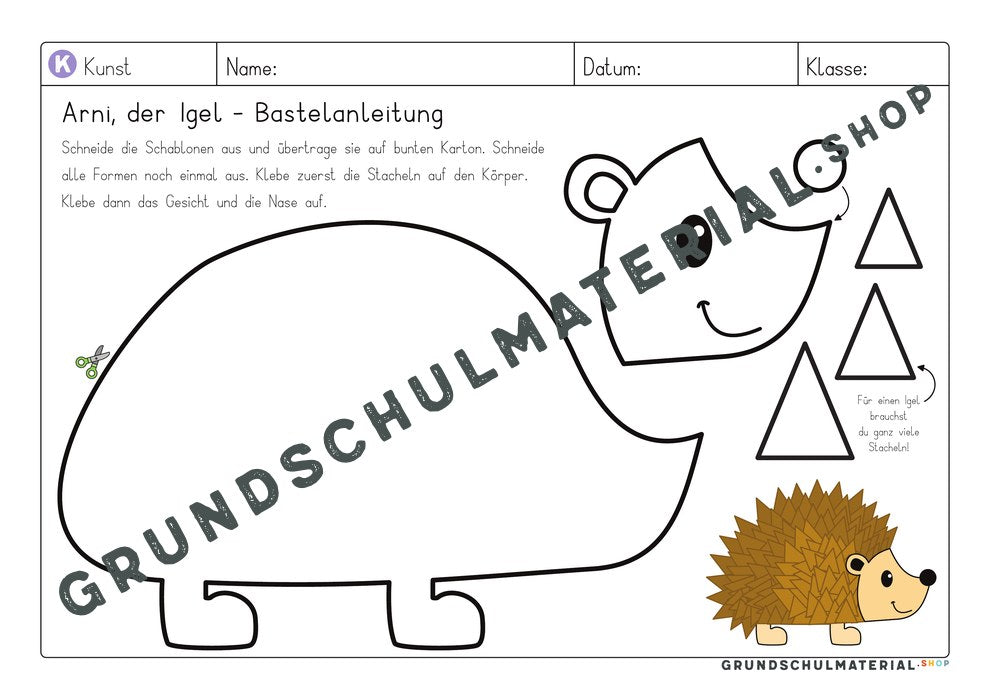Arni, der Igel – Bastelanleitung mit Schablonen für Körper, Gesicht, Nase und Stacheln