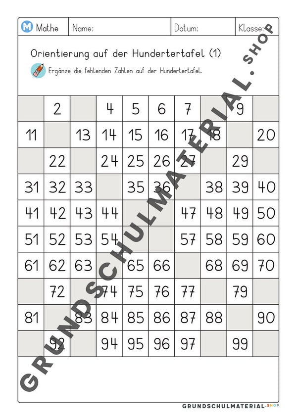 Arbeitsblatt Orientierung auf der Hundertertafel 1: fehlende Zahlen ergänzen
