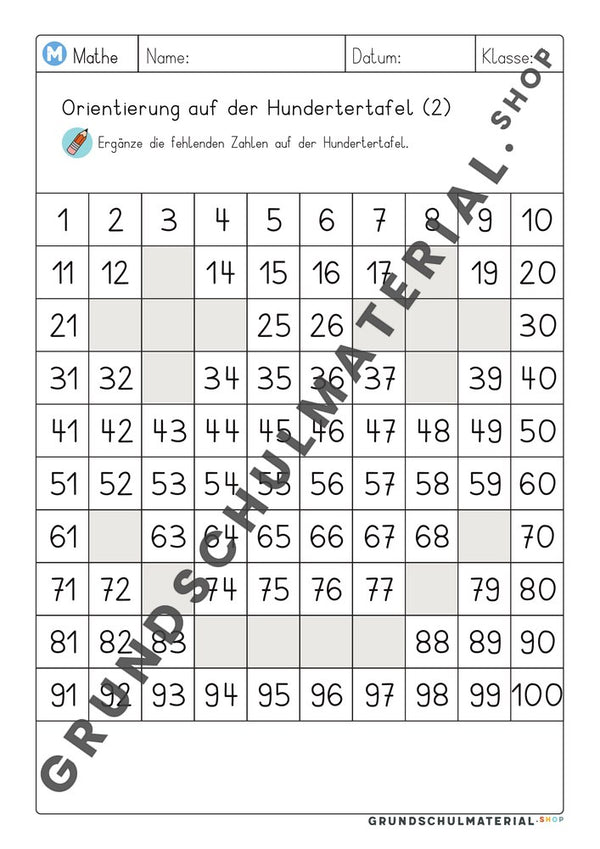 Arbeitsblatt Orientierung auf der Hundertertafel 2: fehlende Zahlen ergänzen