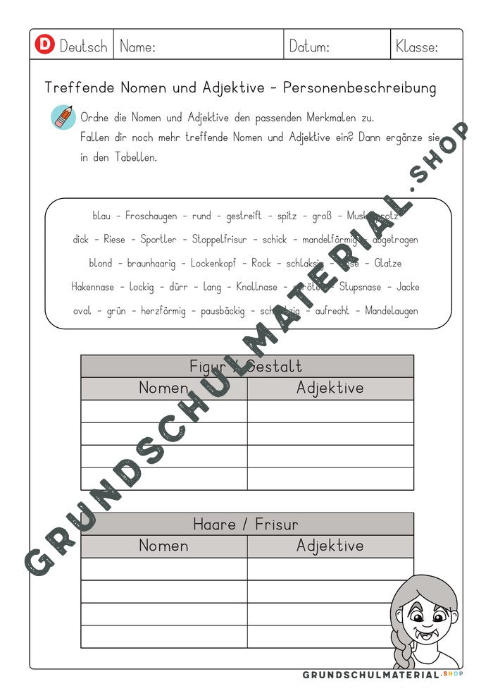 Arbeitsblatt Treffende Nomen und Adjektive – Wortspeicher und Tabellen zu Figur und Haaren