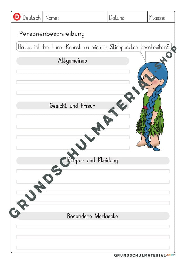 Vorlage Personenbeschreibung – Stichpunkte zu Luna sammeln