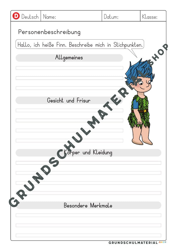 Vorlage Personenbeschreibung – Stichpunkte zu Finn sammeln