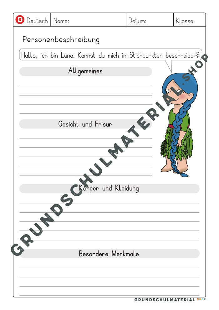 Vorlage Personenbeschreibung – Stichpunkte zu Luna, zweite Lineatur