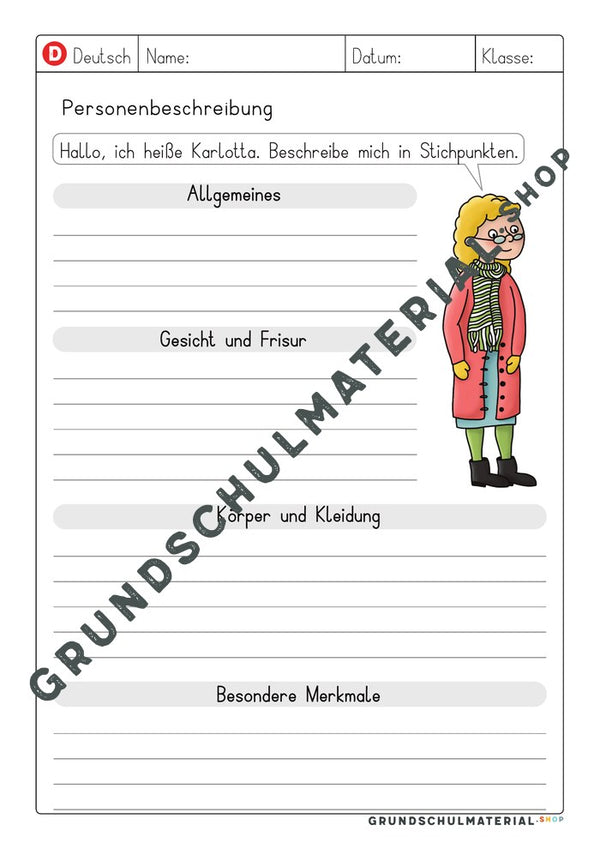 Vorlage Personenbeschreibung – Stichpunkte zu Karlotta, zweite Lineatur