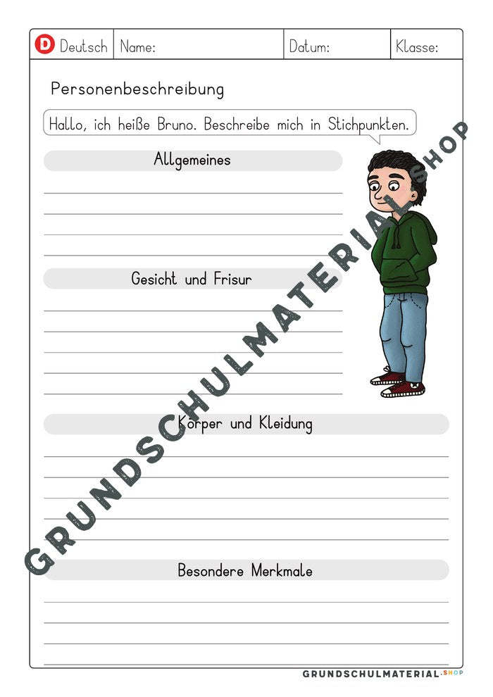 Vorlage Personenbeschreibung – Stichpunkte zu Bruno, zweite Lineatur