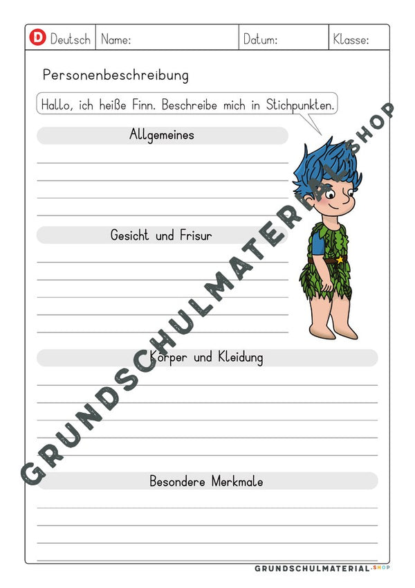 Vorlage Personenbeschreibung – Stichpunkte zu Finn, zweite Lineatur