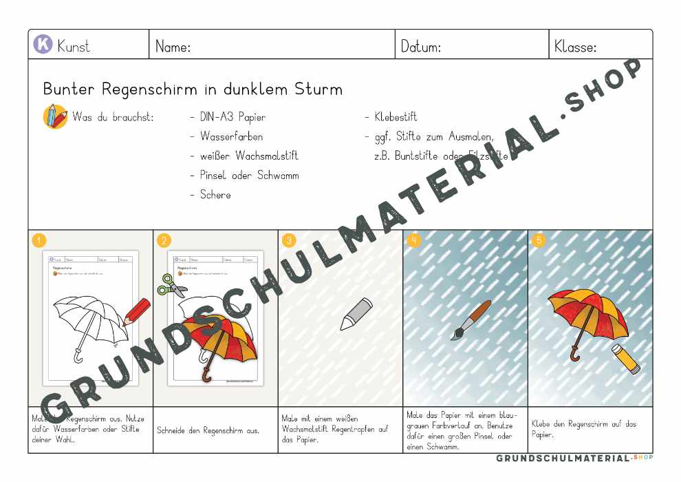 Bunter Regenschirm im dunklen Sturm - Herbstbild Wasserfarben Grundschule