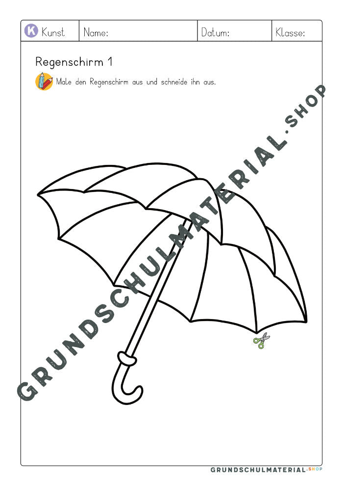 Bunter Regenschirm im dunklen Sturm - Herbstbild Wasserfarben Grundschule