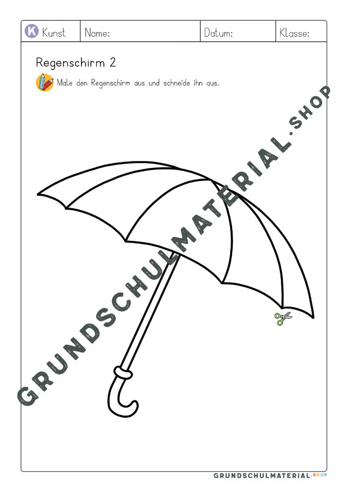 Bunter Regenschirm im dunklen Sturm - Herbstbild Wasserfarben Grundschule