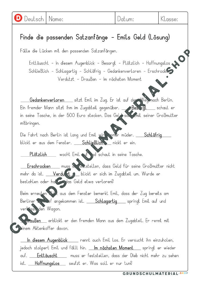 Materialpaket "Satzanfänge"