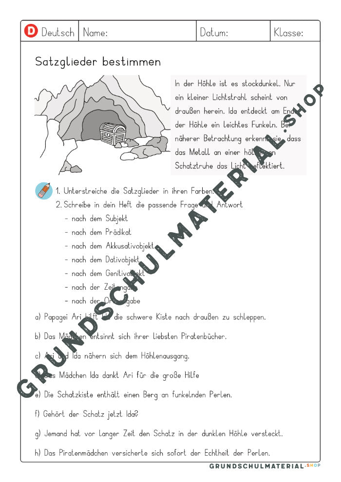 Farbiges Arbeitsblatt „Satzglieder bestimmen in Sätzen“ mit der Piratin Ida