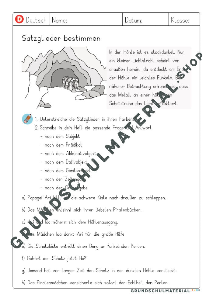 Arbeitsblatt „Satzglieder bestimmen in Sätzen“ in Schwarz-Weiß