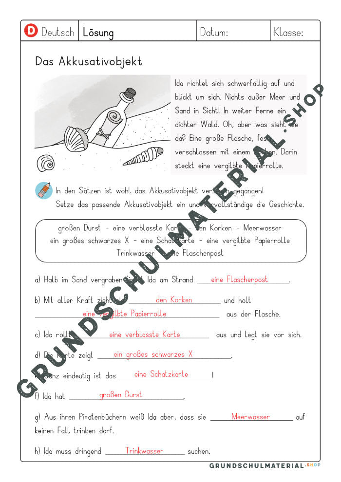 Lösungsblatt zu „Das Akkusativobjekt“ (Seite 1)