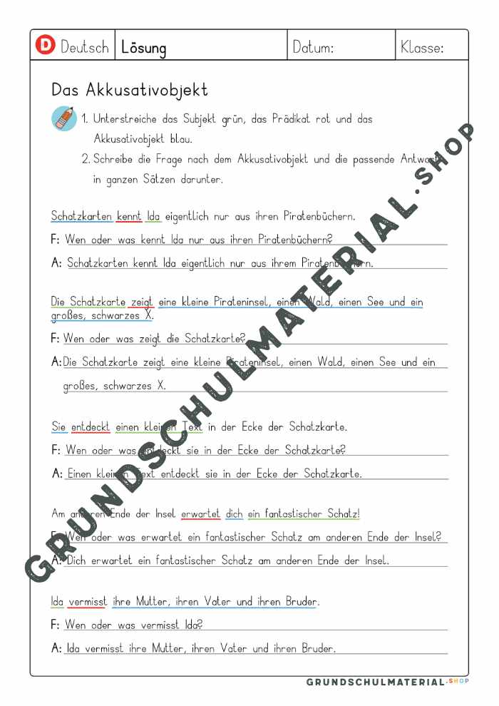 Lösungsblatt zu „Das Akkusativobjekt“ (Seite 2)