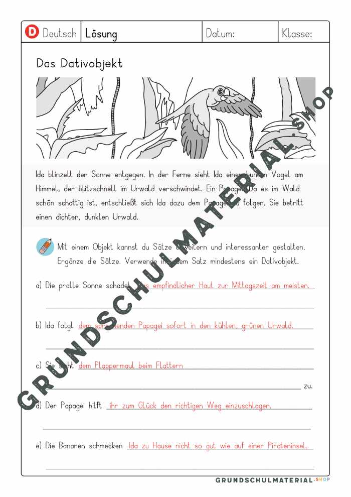 Lösungsblatt zu „Das Dativobjekt“ (Seite 1)