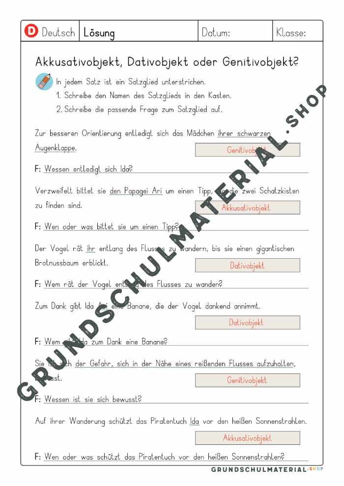 Lösungsblatt zu „Akkusativobjekt, Dativobjekt oder Genitivobjekt?“