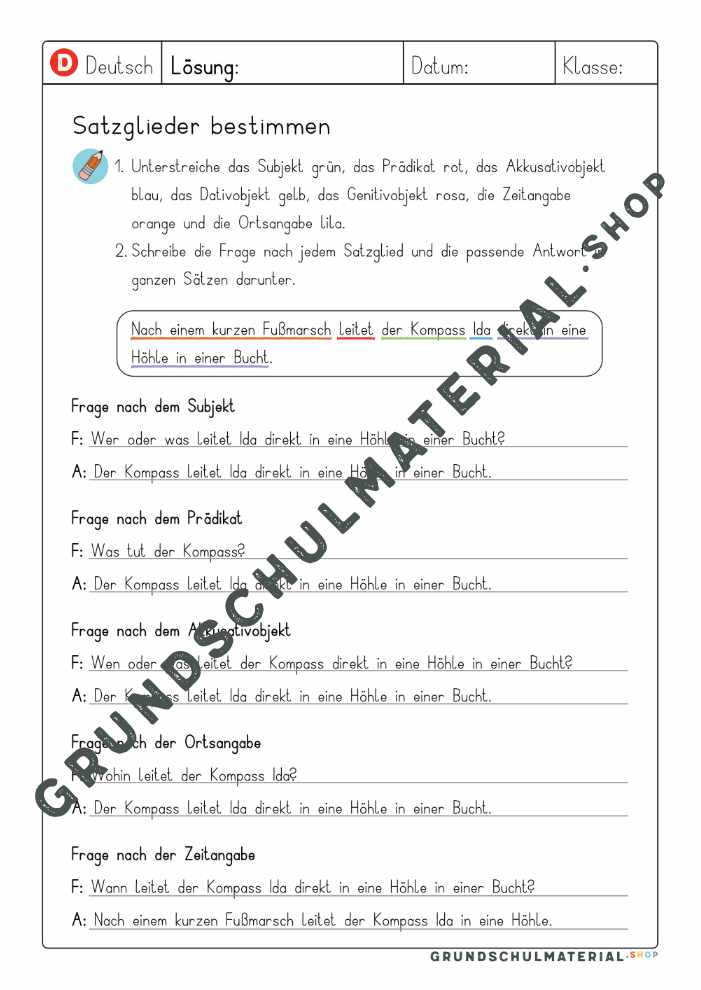 Lösungsblatt zu „Satzglieder bestimmen: nach allen Satzgliedern fragen“